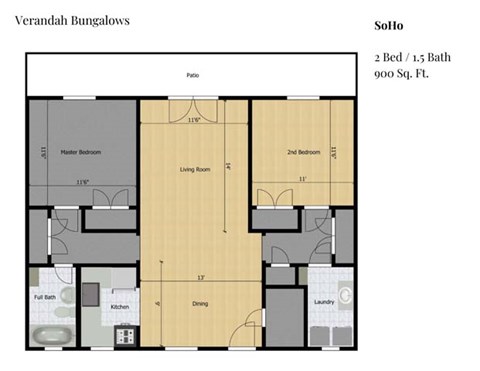 Floor plan for 2 beds, 1.5 baths, 900 sqft